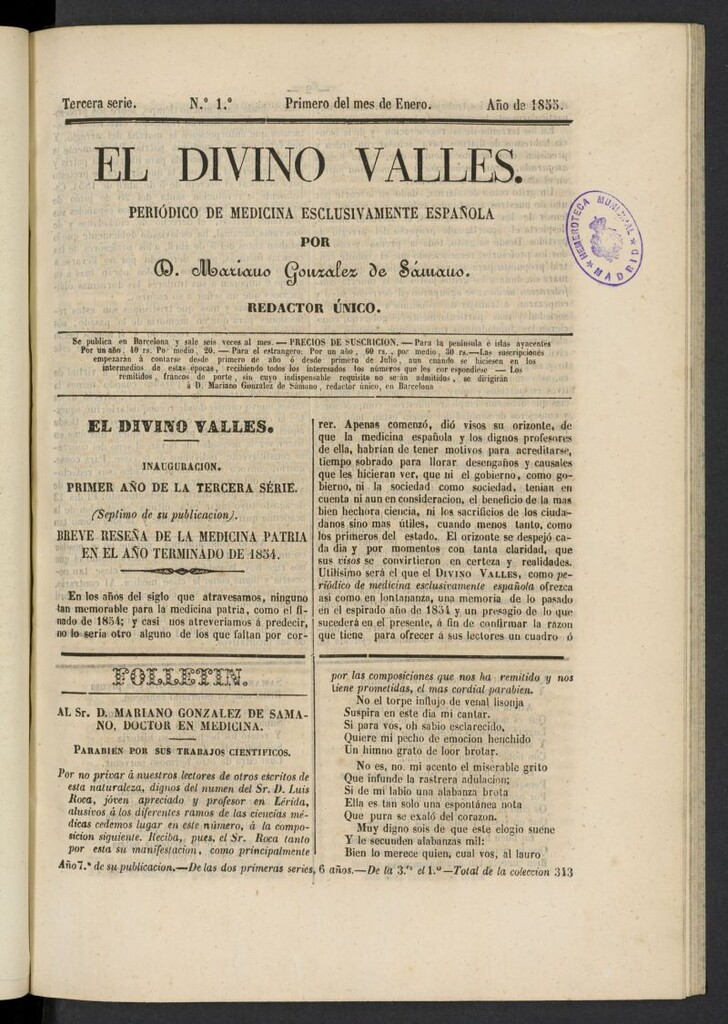 Miniatura de El Divino Vallés: periódico de medicina esclusivamente nacional 1º al mes de enero de 1855, nº 1