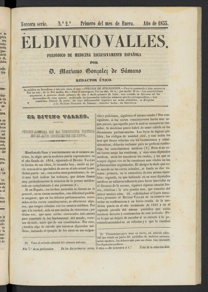 Miniatura de El Divino Vallés del 1 [sic] de enero de 1855, nº 2
