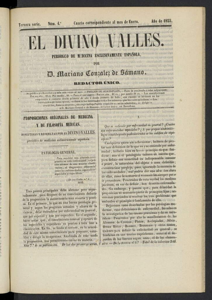 Miniatura de El Divino Vallés: periódico de medicina esclusivamente nacional 4º al mes de enero de 1855, nº 4