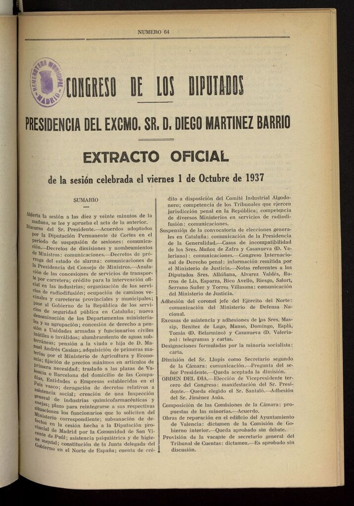 Miniatura de Boletín del Congreso de los Diputados del 1 de octubre de 1937