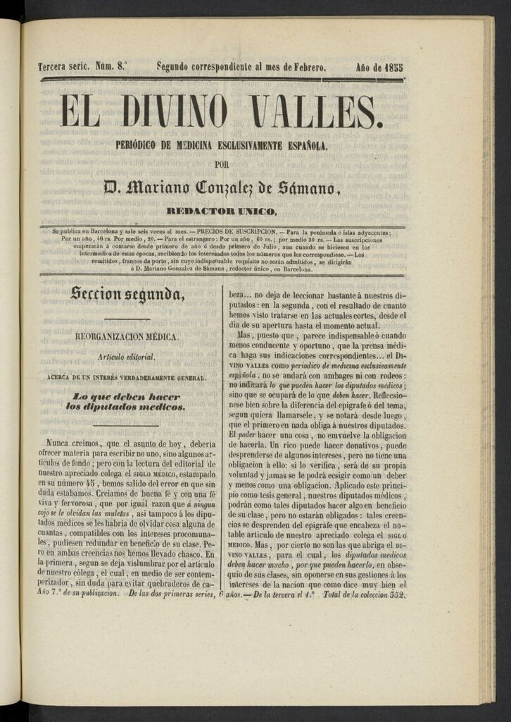 Miniatura de El Divino Vallés: periódico de medicina esclusivamente nacional 2º al mes de febrero de 1855, nº 8