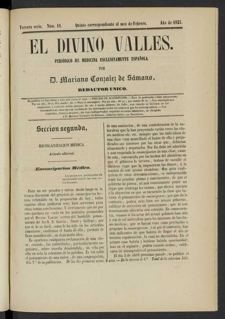 Miniatura de El Divino Vallés: periódico de medicina esclusivamente nacional 5º al mes de febrero de 1855, nº 11