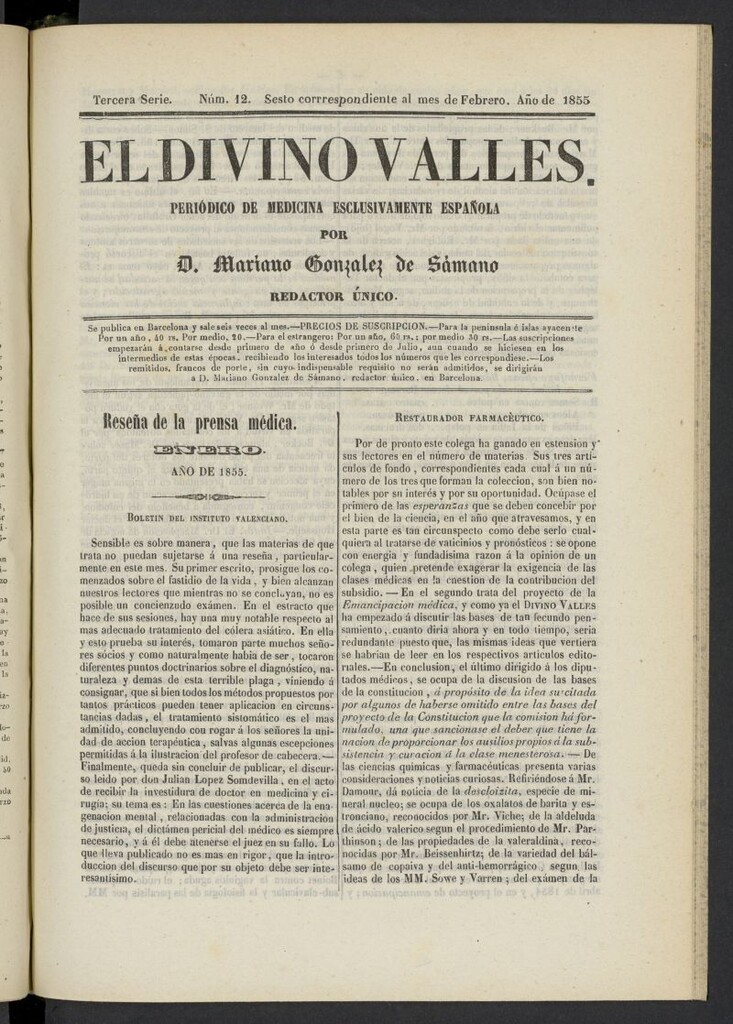 Miniatura de El Divino Vallés: periódico de medicina esclusivamente nacional 6º al mes de febrero de 1855, nº 12