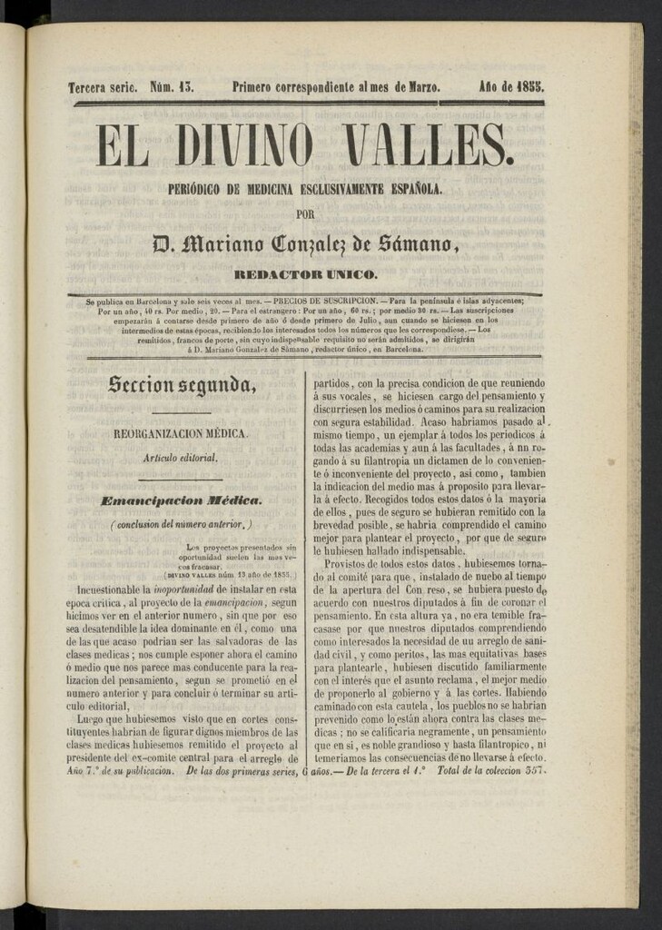 Miniatura de El Divino Vallés: periódico de medicina esclusivamente nacional 1º al mes de marzo de 1855, nº 13