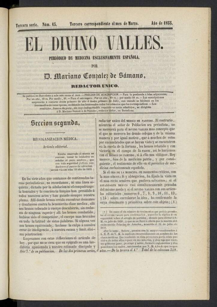 Miniatura de El Divino Vallés: periódico de medicina esclusivamente nacional 3º al mes de marzo de 1855, nº 15