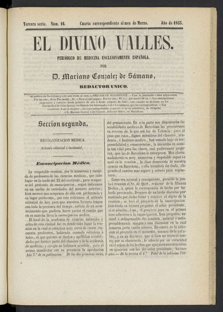 Miniatura de El Divino Vallés: periódico de medicina esclusivamente nacional 4º al mes de marzo de 1855, nº 16