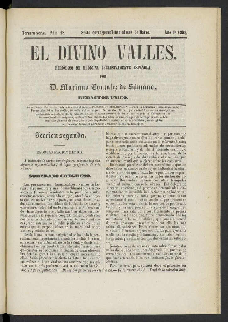Miniatura de El Divino Vallés: periódico de medicina esclusivamente nacional 6º al mes de marzo de 1855, nº 18