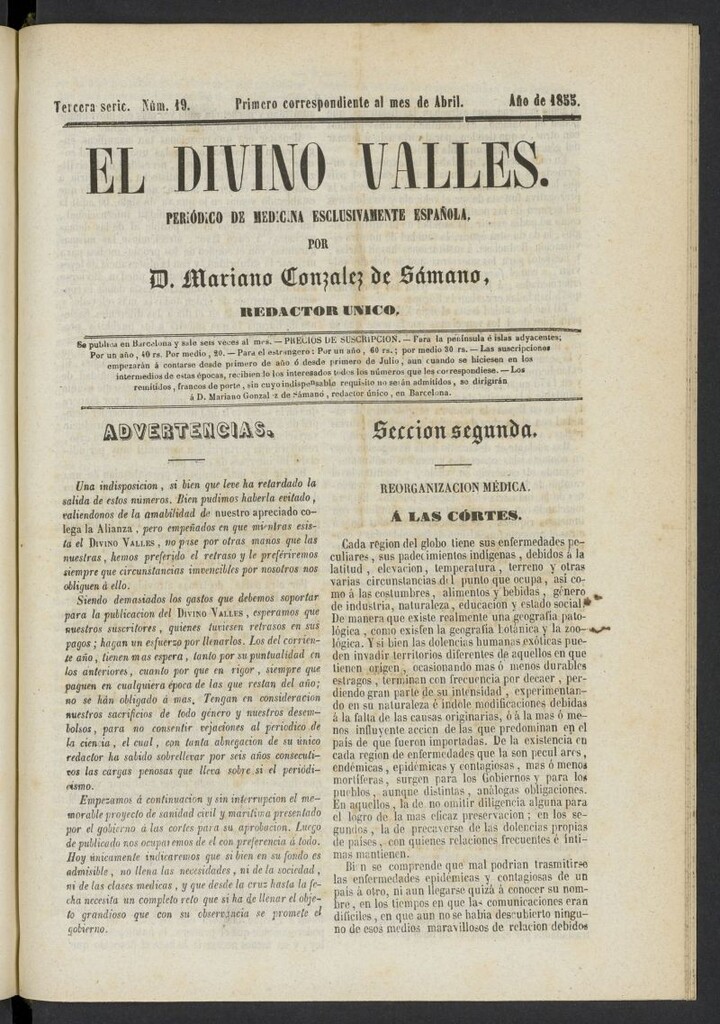 Miniatura de El Divino Vallés: periódico de medicina esclusivamente nacional 1º al mes de abril de 1855, nº 19