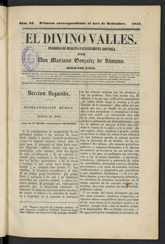 Miniatura de El Divino Vallés del 1 de septiembre de 1851, nº 33