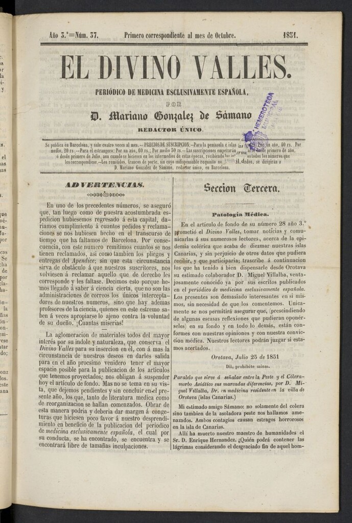Miniatura de El Divino Vallés: periódico de medicina esclusivamente nacional 1º al mes de octubre de 1851, nº 37