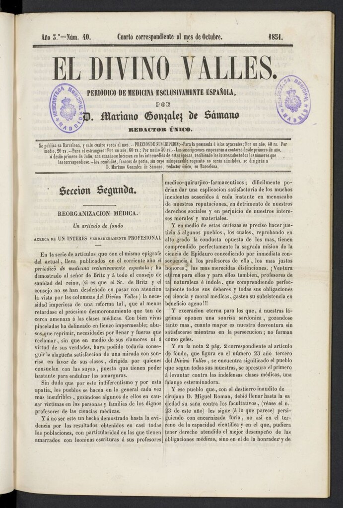 Miniatura de El Divino Vallés: periódico de medicina esclusivamente nacional 4º al mes de octubre de 1851, nº 40