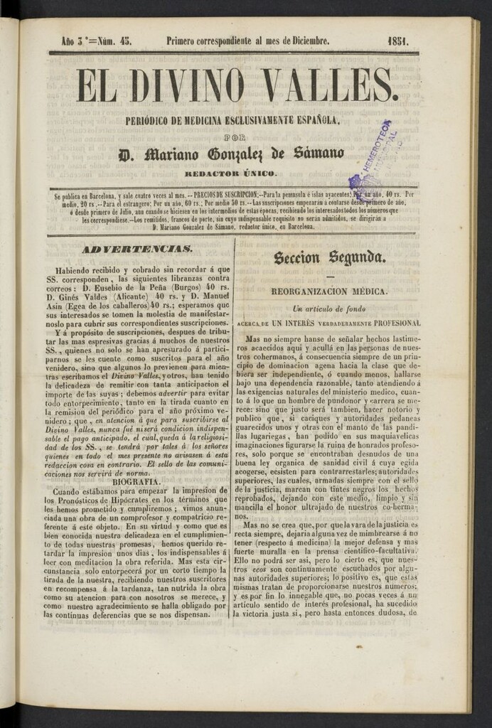 Miniatura de El Divino Vallés del 1 de diciembre de 1851, nº 45