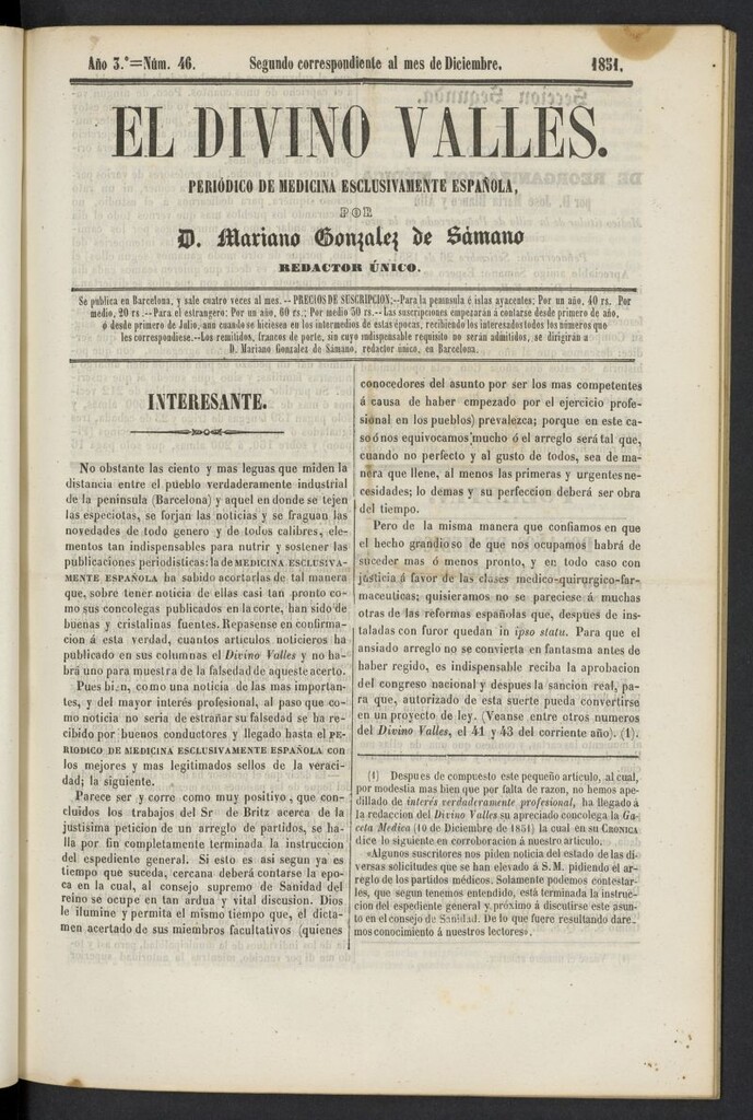 Miniatura de El Divino Vallés del 2 de diciembre de 1851, nº 46