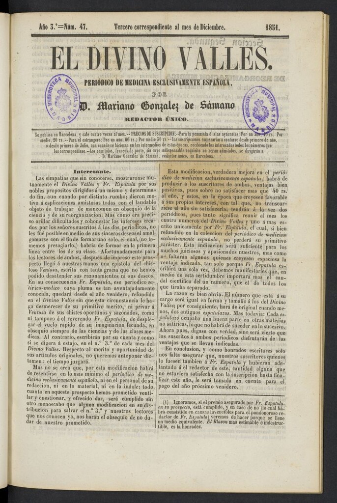 Miniatura de El Divino Vallés del 3 de diciembre de 1851, nº 47