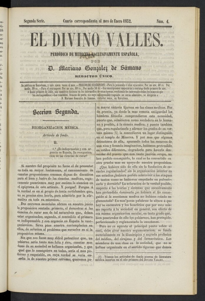 Miniatura de El Divino Vallés: periódico de medicina esclusivamente nacional 4º al mes de enero de 1852, nº 4