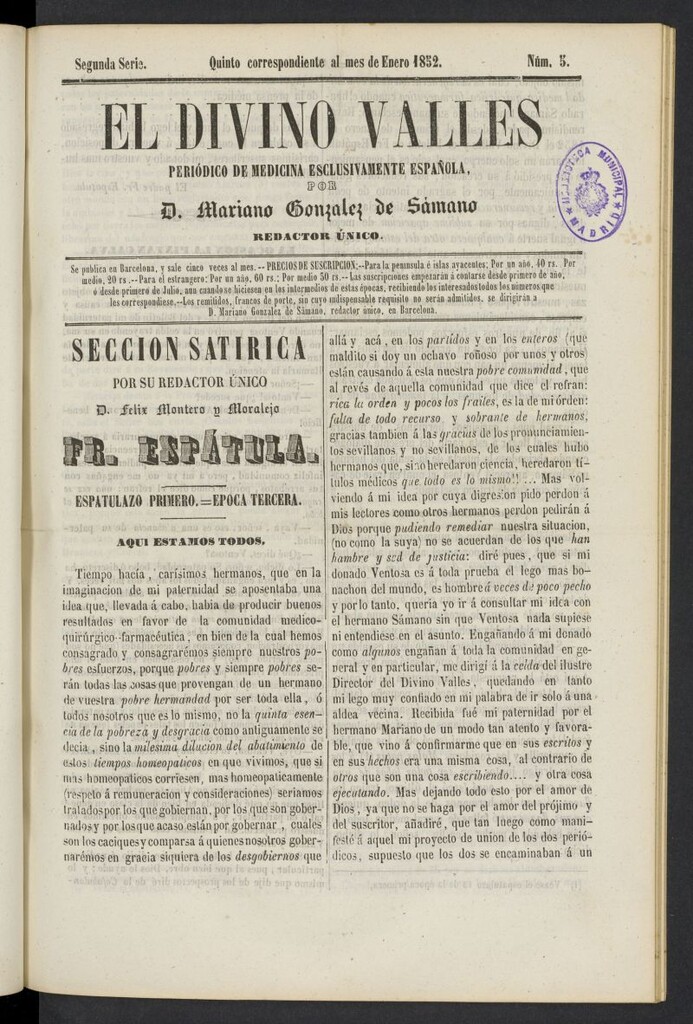 Miniatura de El Divino Vallés: periódico de medicina esclusivamente nacional 5º al mes de enero de 1852, nº 5