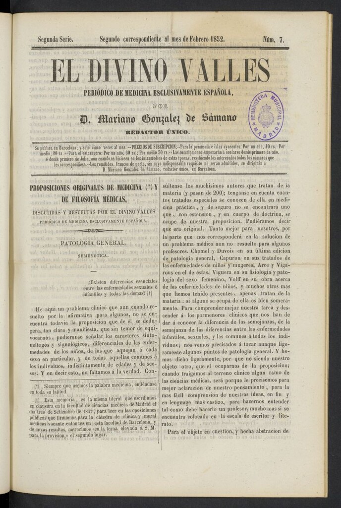 Miniatura de El Divino Vallés: periódico de medicina esclusivamente nacional 2º al mes de febrero de 1852, nº 7