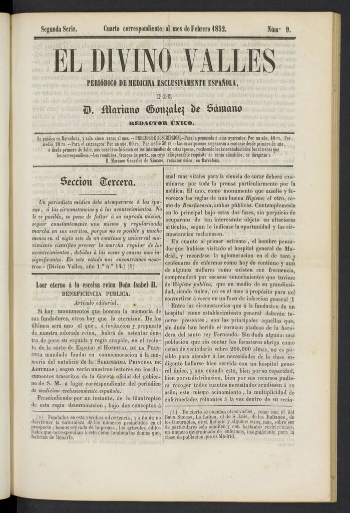 Miniatura de El Divino Vallés: periódico de medicina esclusivamente nacional 4º al mes de febrero de 1852, nº 9