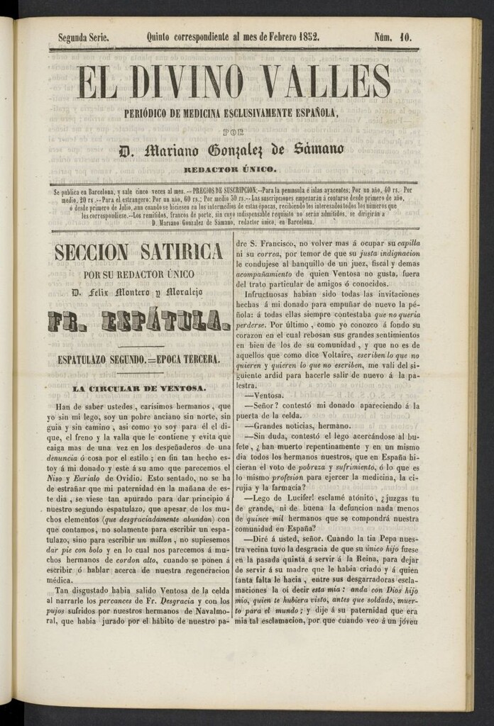 Miniatura de El Divino Vallés: periódico de medicina esclusivamente nacional 5º al mes de febrero de 1852, nº 10