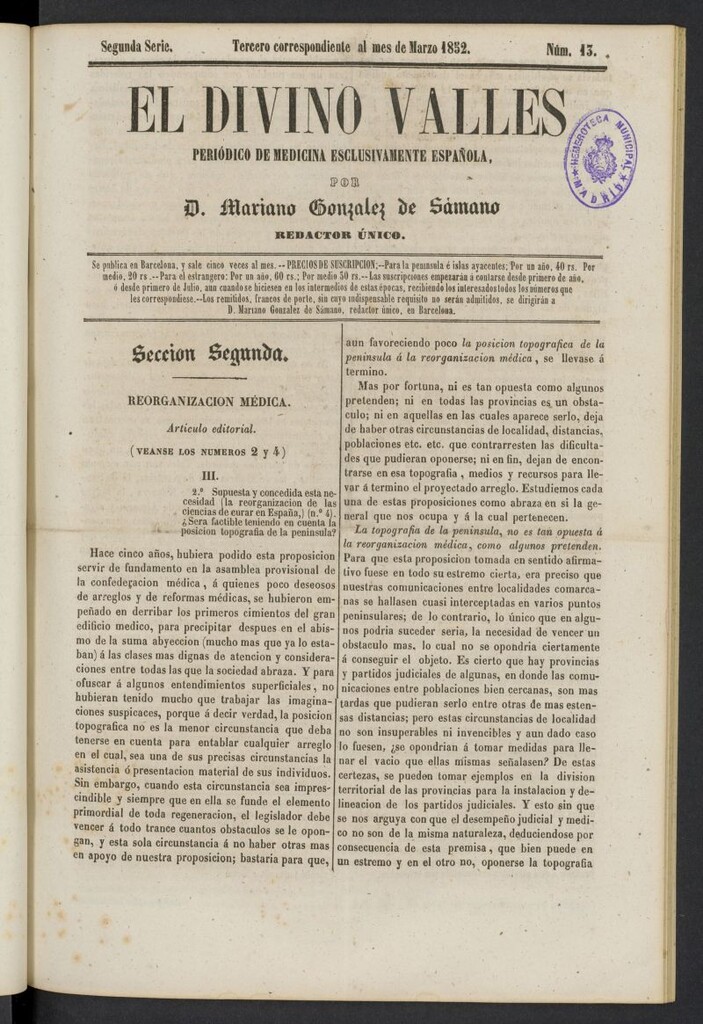 Miniatura de El Divino Vallés: periódico de medicina esclusivamente nacional 3º al mes de marzo de 1852, nº 13