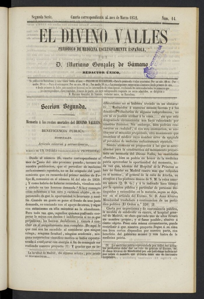 Miniatura de El Divino Vallés: periódico de medicina esclusivamente nacional 4º al mes de marzo de 1852, nº 14