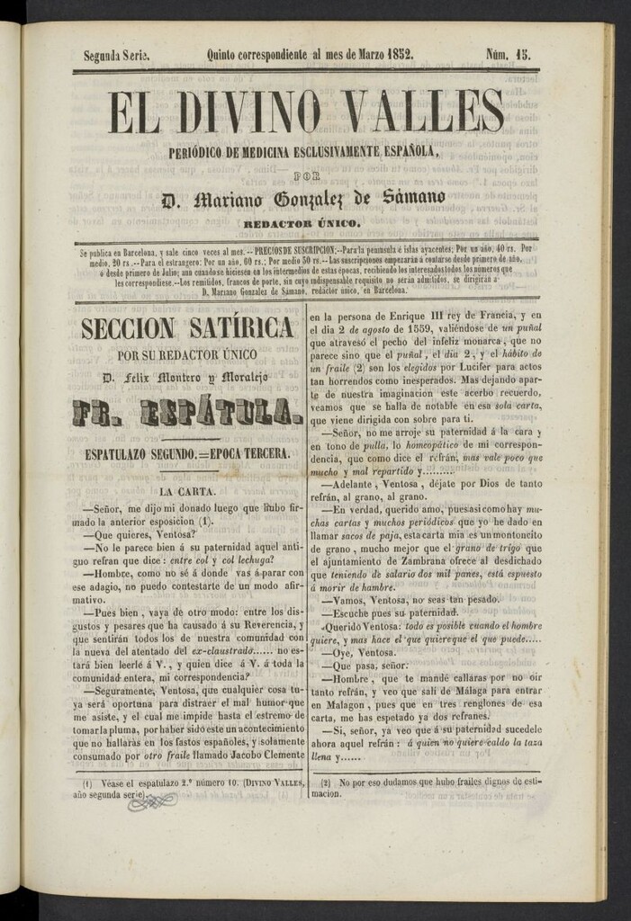 Miniatura de El Divino Vallés: periódico de medicina esclusivamente nacional 5º al mes de marzo de 1852, nº 15