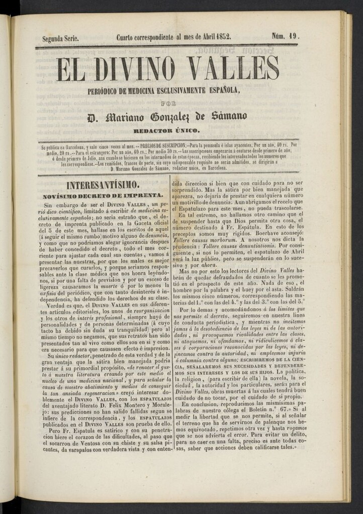 Miniatura de El Divino Vallés: periódico de medicina esclusivamente nacional 4º al mes de abril de 1852, nº 19