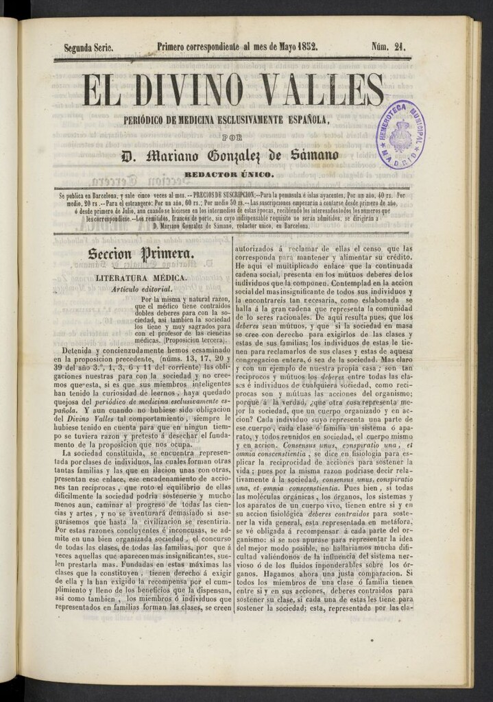 Miniatura de El Divino Vallés: periódico de medicina esclusivamente nacional 1º al mes de mayo de 1852, nº 21