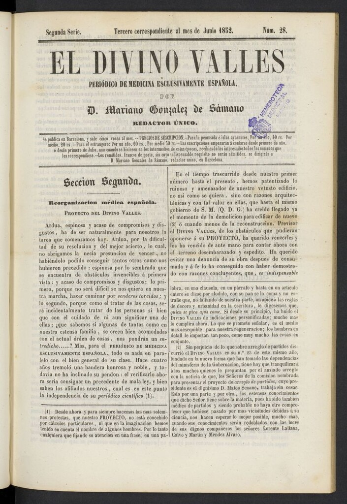 Miniatura de El Divino Vallés: periódico de medicina esclusivamente nacional 3º al mes de junio de º852, nº 28