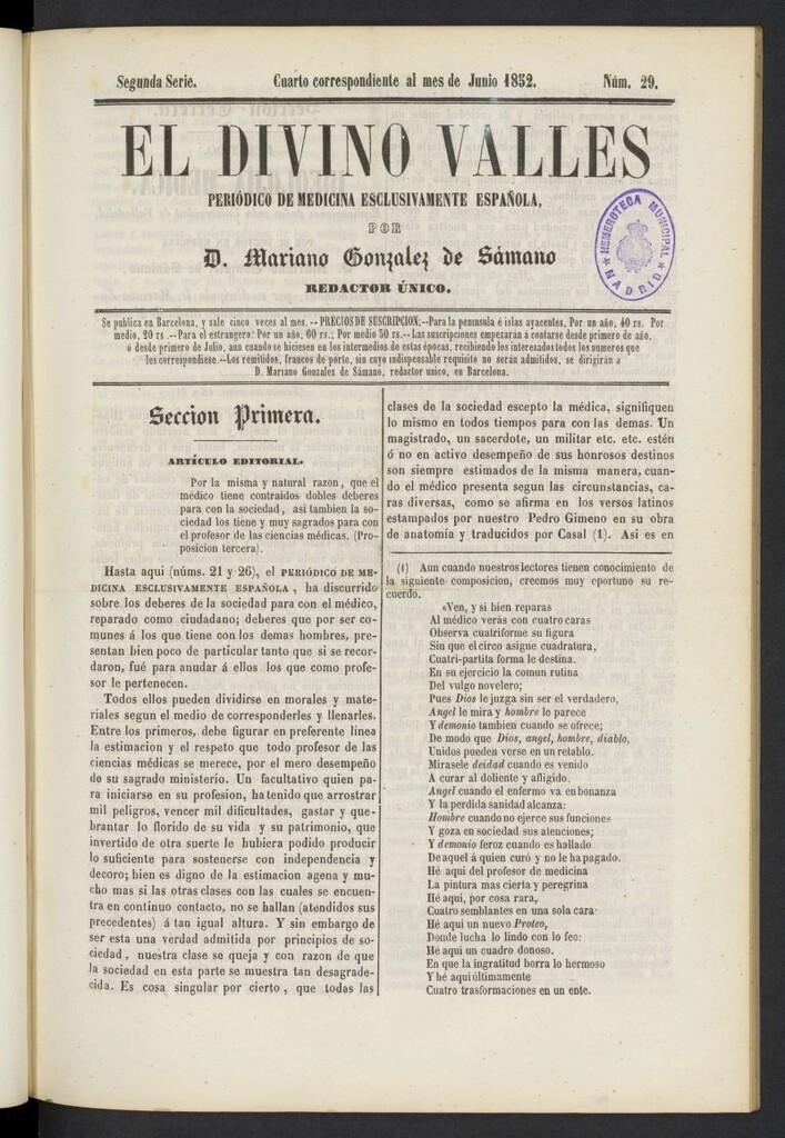 Miniatura de El Divino Vallés: periódico de medicina esclusivamente nacional 4º al mes de junio de 1852, nº 29