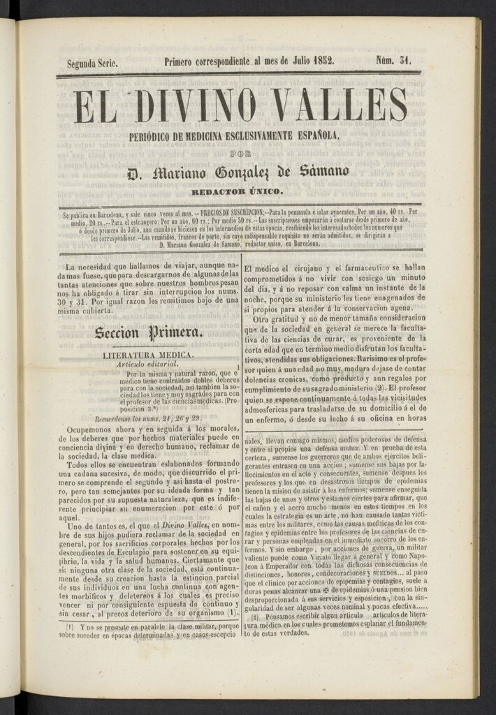 Miniatura de El Divino Vallés: periódico de medicina esclusivamente nacional 1º al mes de julio de 1852, nº 31