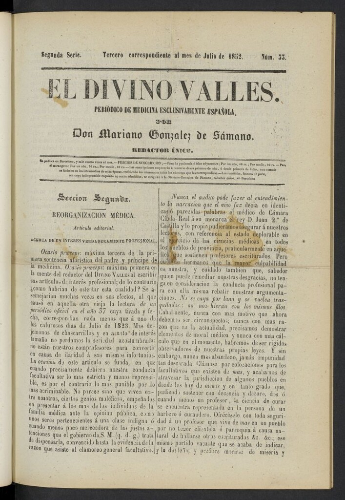 Miniatura de El Divino Vallés: periódico de medicina esclusivamente nacional 3º al mes de julio de 1852, nº 33