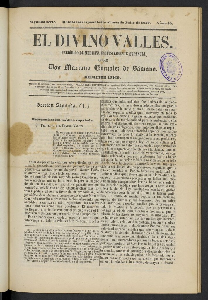 Miniatura de El Divino Vallés: periódico de medicina esclusivamente nacional 5º al mes de julio de 1852, nº 35