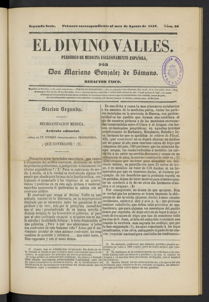 Miniatura de El Divino Vallés: periódico de medicina esclusivamente nacional 1º al mes de agosto de 1852, nº 36