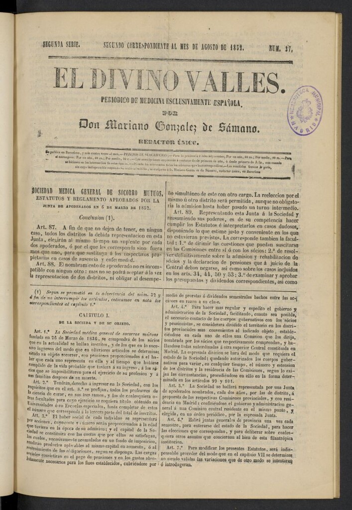 Miniatura de El Divino Vallés: periódico de medicina esclusivamente nacional 2º al mes de agosto de 1852, nº 37