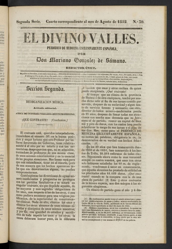 Miniatura de El Divino Vallés: periódico de medicina esclusivamente nacional 4º al mes de agosto de 1852, nº 39