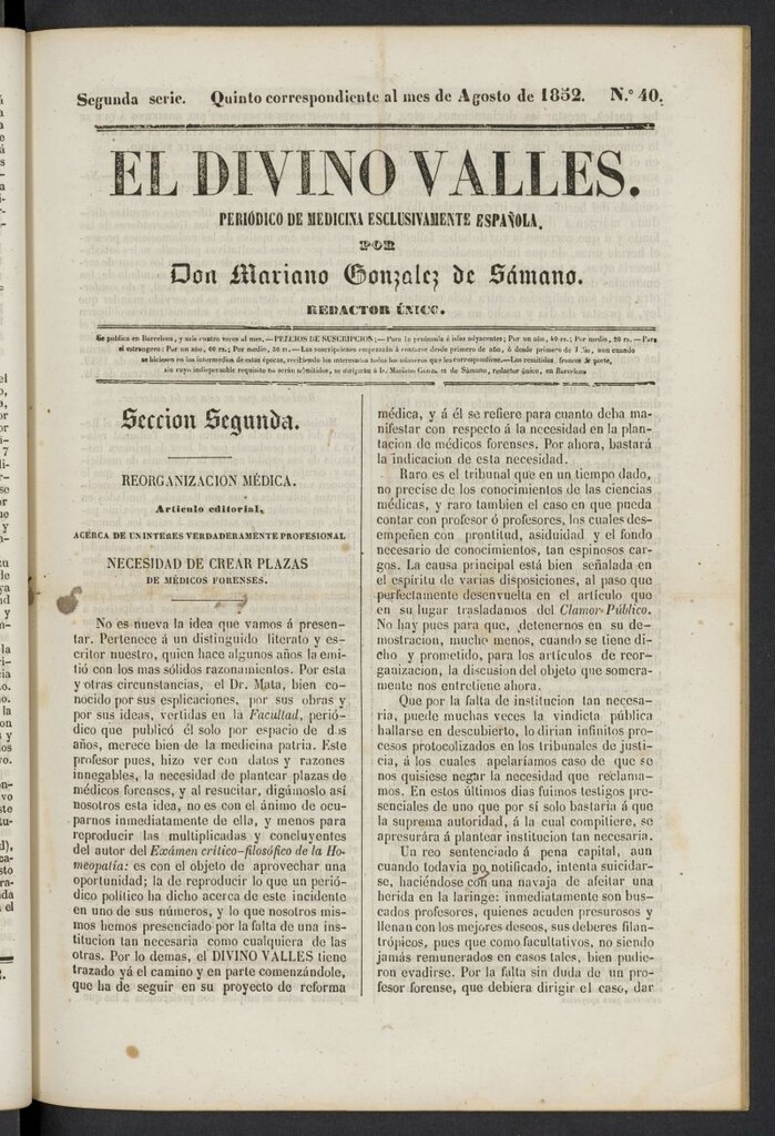 Miniatura de El Divino Vallés: periódico de medicina esclusivamente nacional 5º al mes de agosto de 1852, nº 40