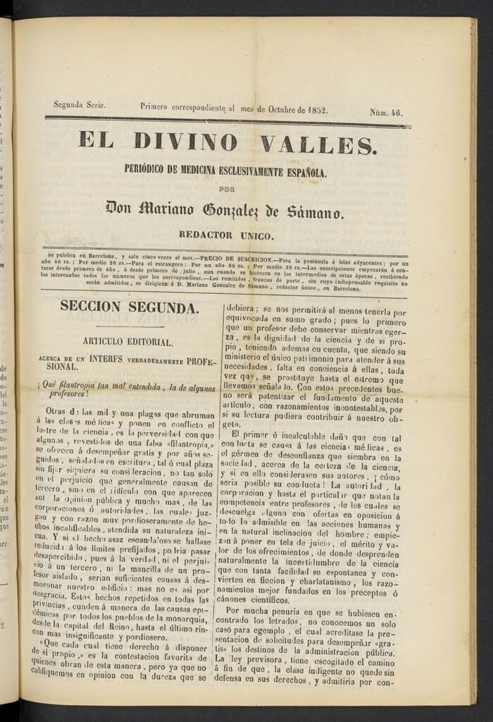 Miniatura de El Divino Vallés: periódico de medicina esclusivamente nacional 1º al mes de octubre de 1852, nº 46