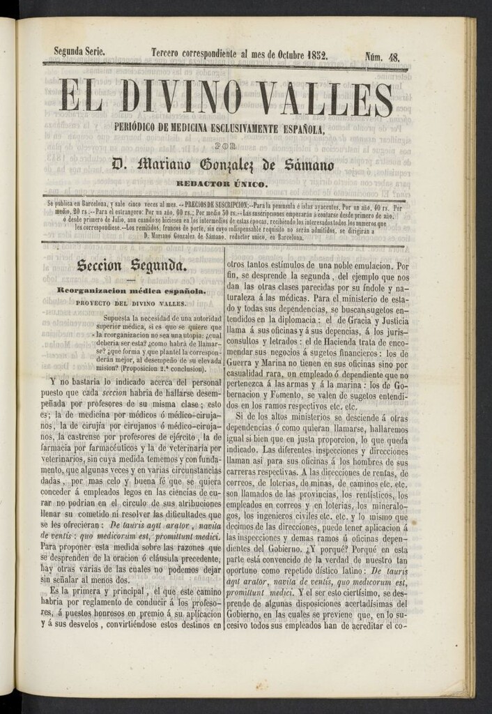 Miniatura de El Divino Vallés: periódico de medicina esclusivamente nacional 3º al mes de octubre de 1852, nº 48