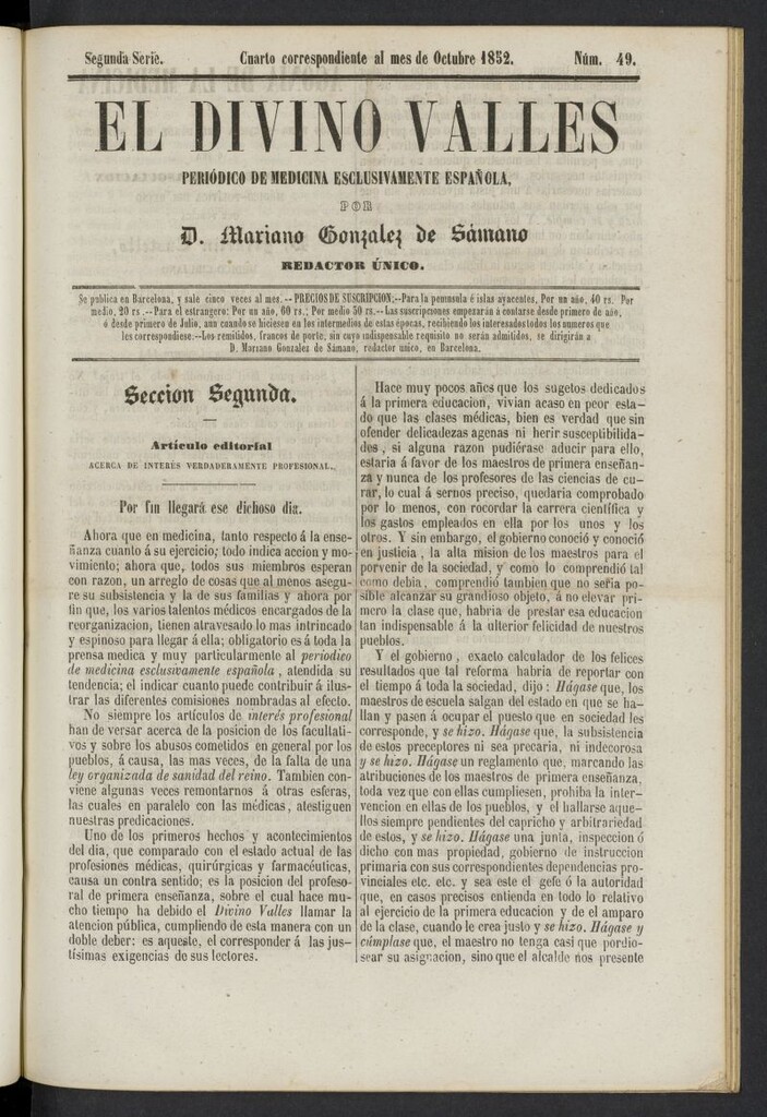Miniatura de El Divino Vallés: periódico de medicina esclusivamente nacional 4º al mes de octubre de 1852, nº 49