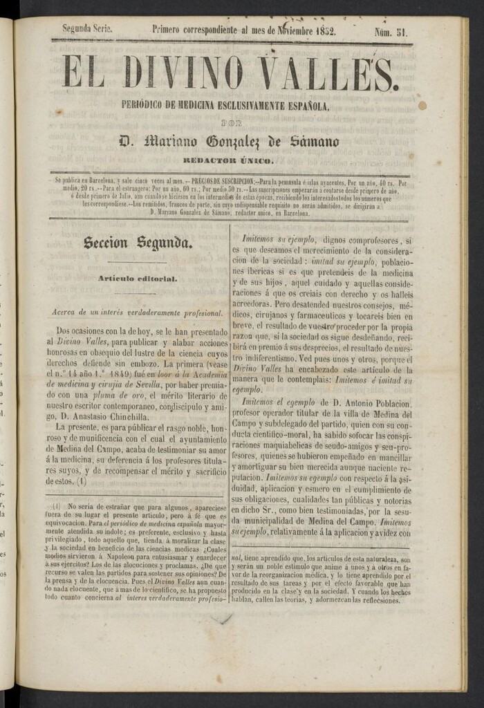 Miniatura de El Divino Vallés: periódico de medicina esclusivamente nacional 1º al mes de noviembre de 1852, 51