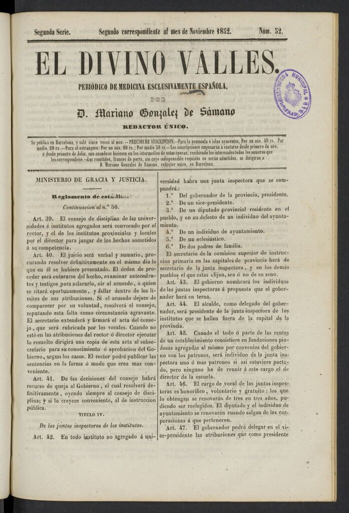 Miniatura de El Divino Vallés del 2 de noviembre de 1852, nº 52