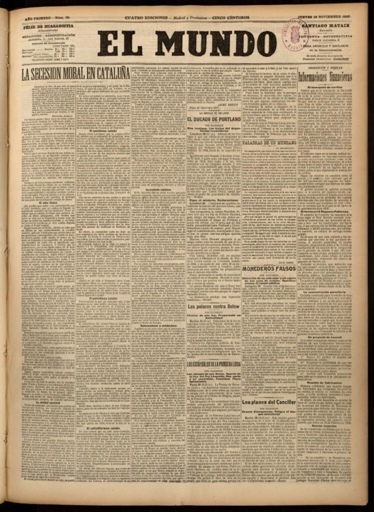 Miniatura de El Mundo del 28 de noviembre de 1907, edición de Madrid