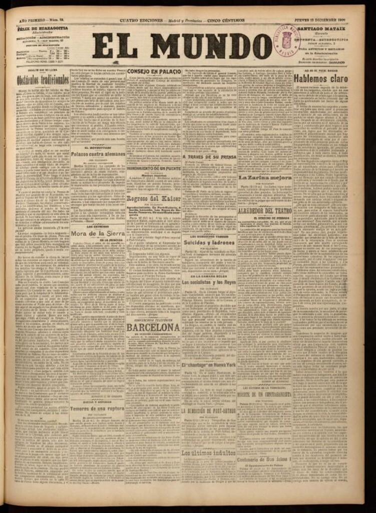 Miniatura de El Mundo del 12 de diciembre de 1907, edición de Madrid