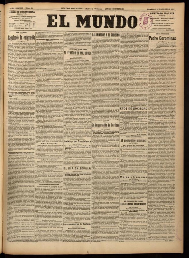 Miniatura de El Mundo del 22 de diciembre de 1907, edición de Madrid