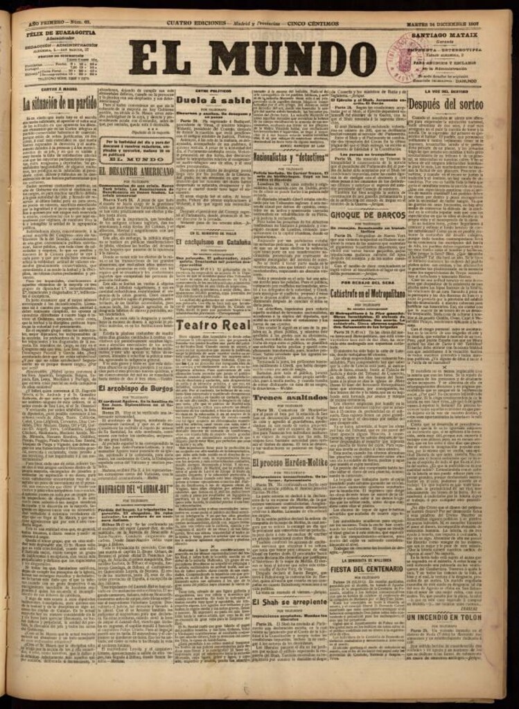 Miniatura de El Mundo del 24 de diciembre de 1907, edición de Madrid