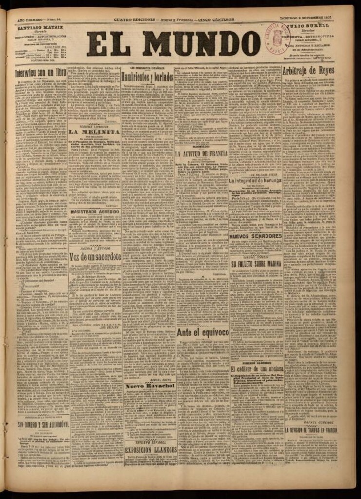 Miniatura de El Mundo del 3 de noviembre de 1907, edición de provincias