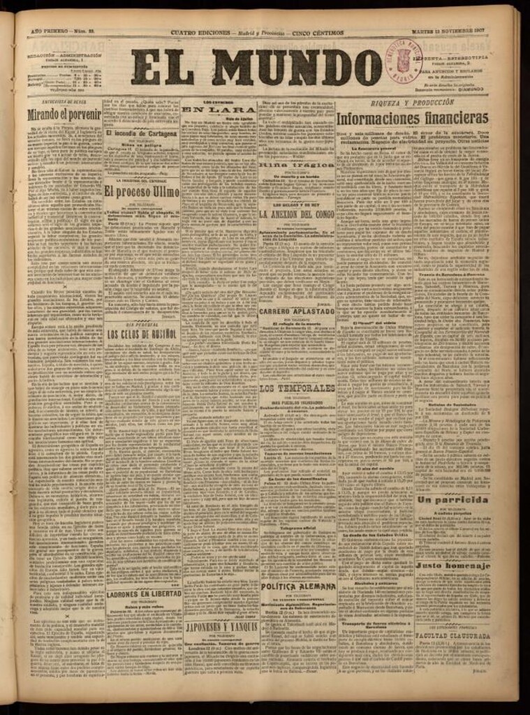 Miniatura de El Mundo del 12 de noviembre de 1907, edición de provincias