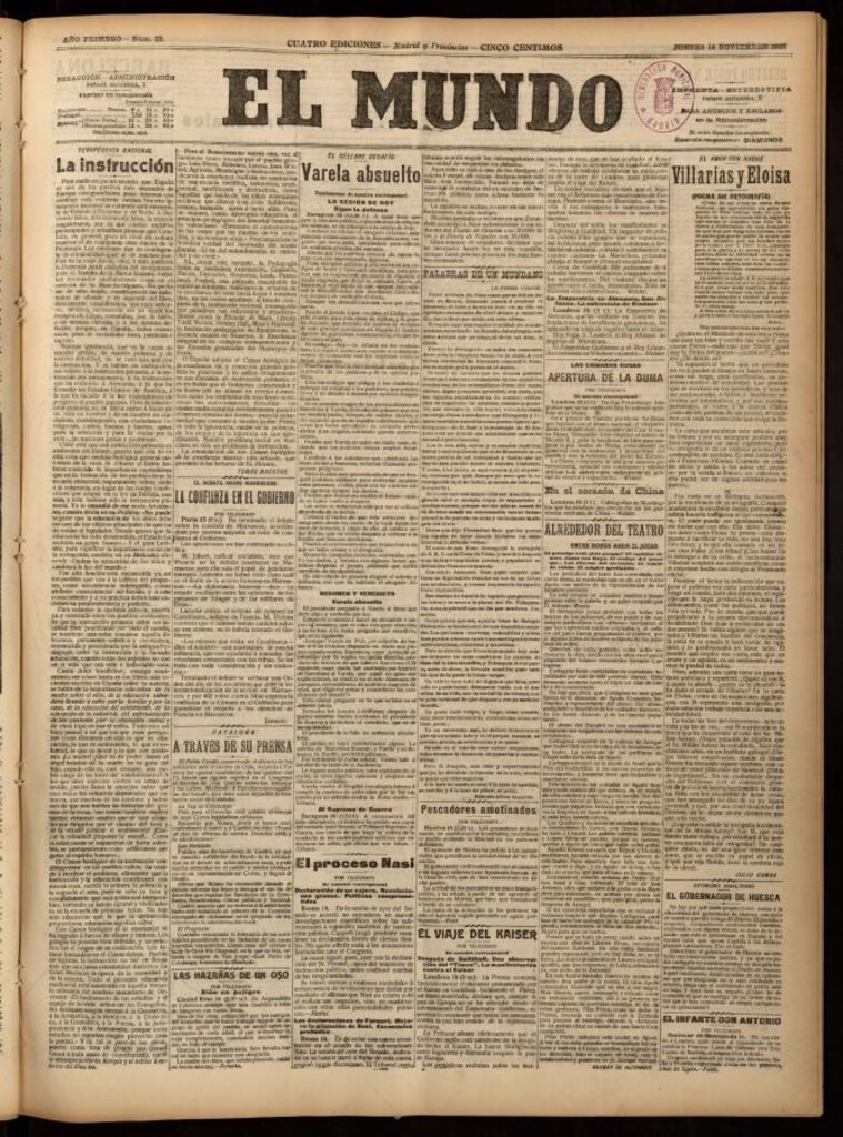 Miniatura de El Mundo del 14 de noviembre de 1907, edición de provincias