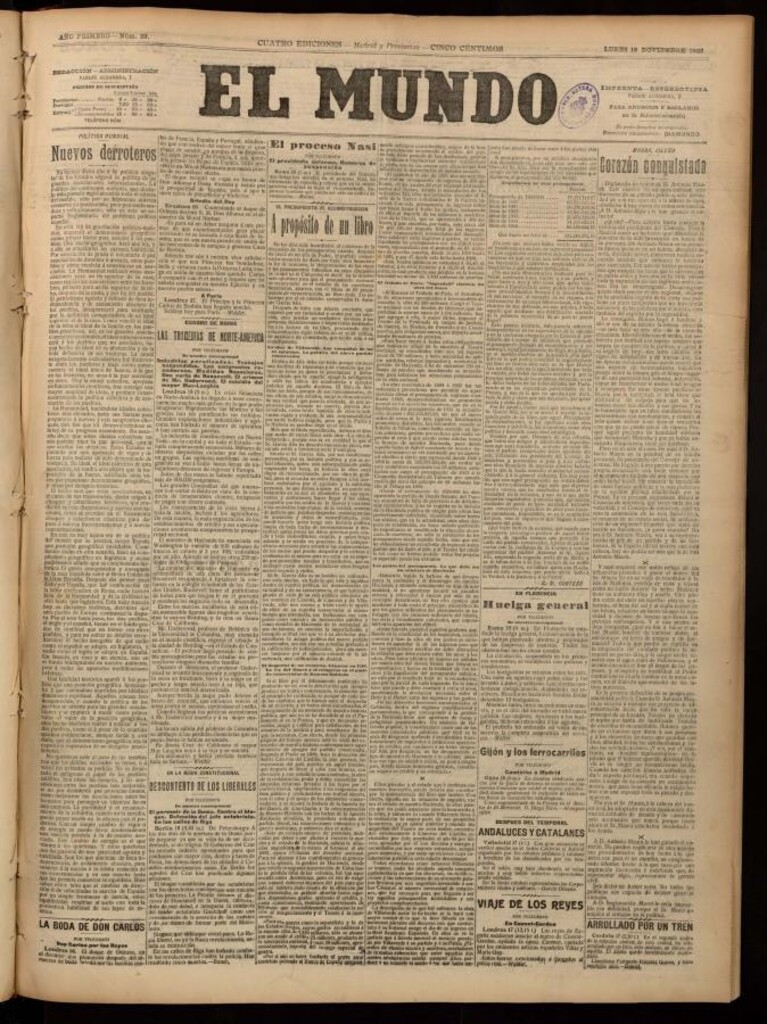 Miniatura de El Mundo del 18 de noviembre de 1907, edición de provincias